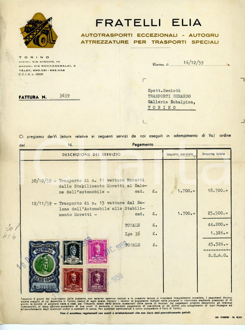 Documento originale, autentico 1959 TORINO via Vinovo 14 Fratelli ELIA Fattura trasporto automobili MORETTI 1