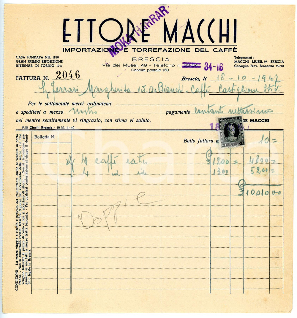Documento originale, autentico 1947 BRESCIA Via dei Musei 49 Torrefazione MOKA HARRAR Ettore MACCHI Fattura 1