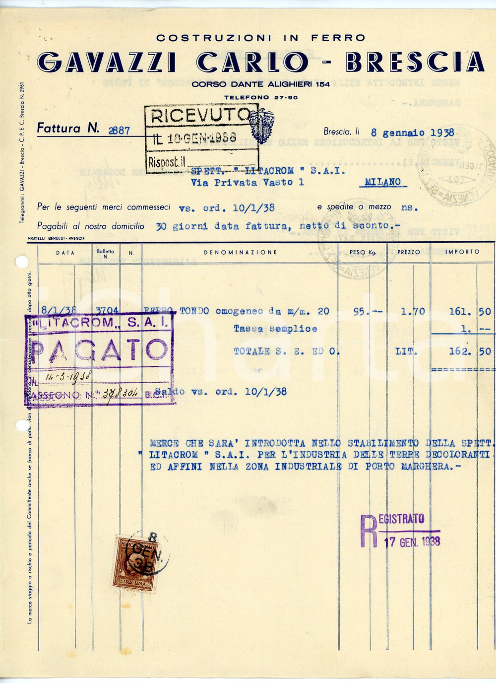 Documento originale, autentico 1938 BRESCIA via Dante Alighieri 154 Costruzioni in ferro Carlo GAVAZZI Fattura 1