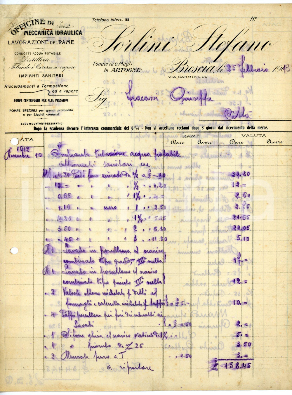 Documento originale, autentico 1913 BRESCIA via Carmine 20 Meccanica idraulica Stefano SORLINI Fattura 1