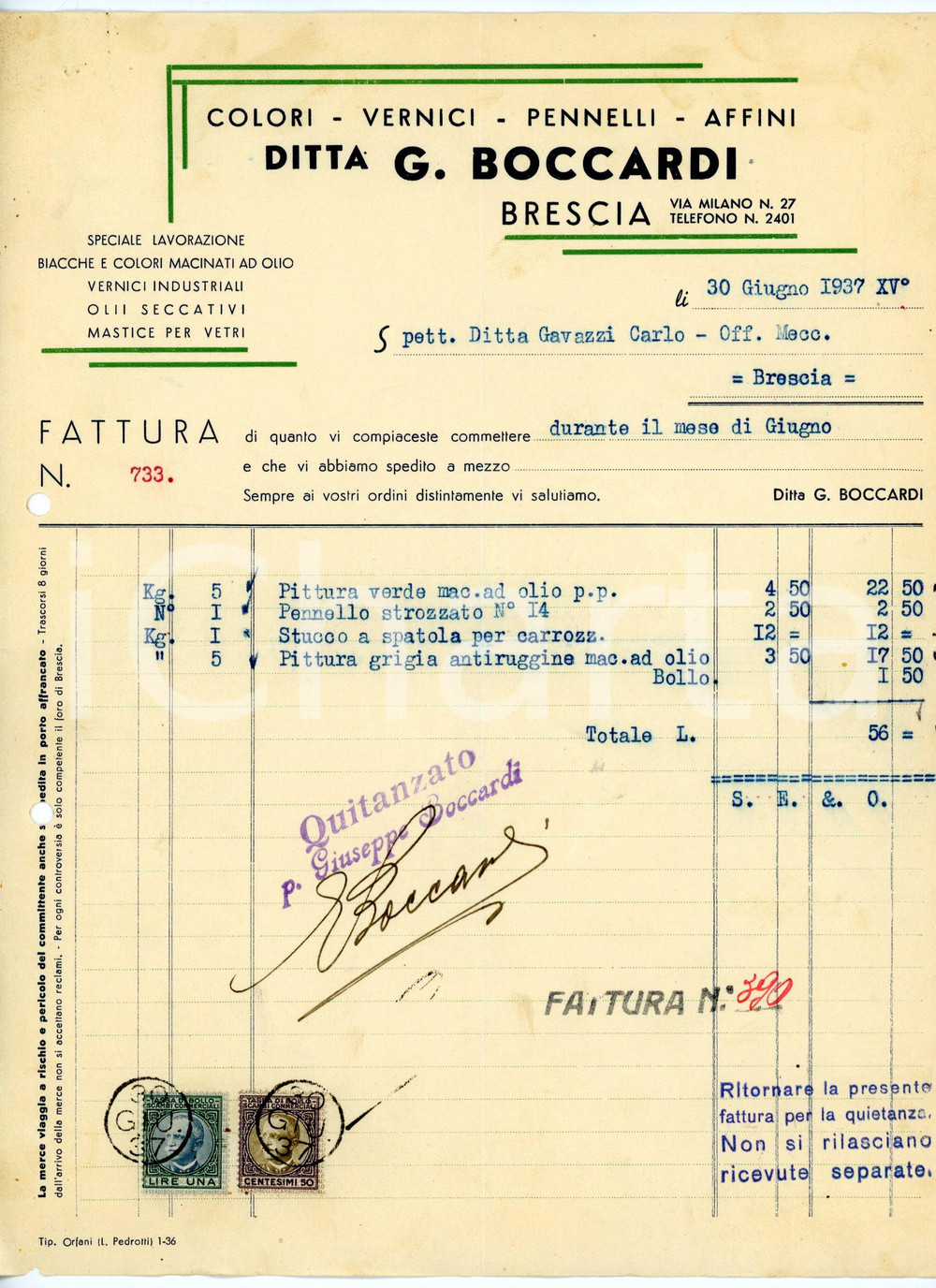 Documento originale, autentico 1937 BRESCIA via Milano 27 Colorificio G. BOCCARDI Fattura per pittura 1