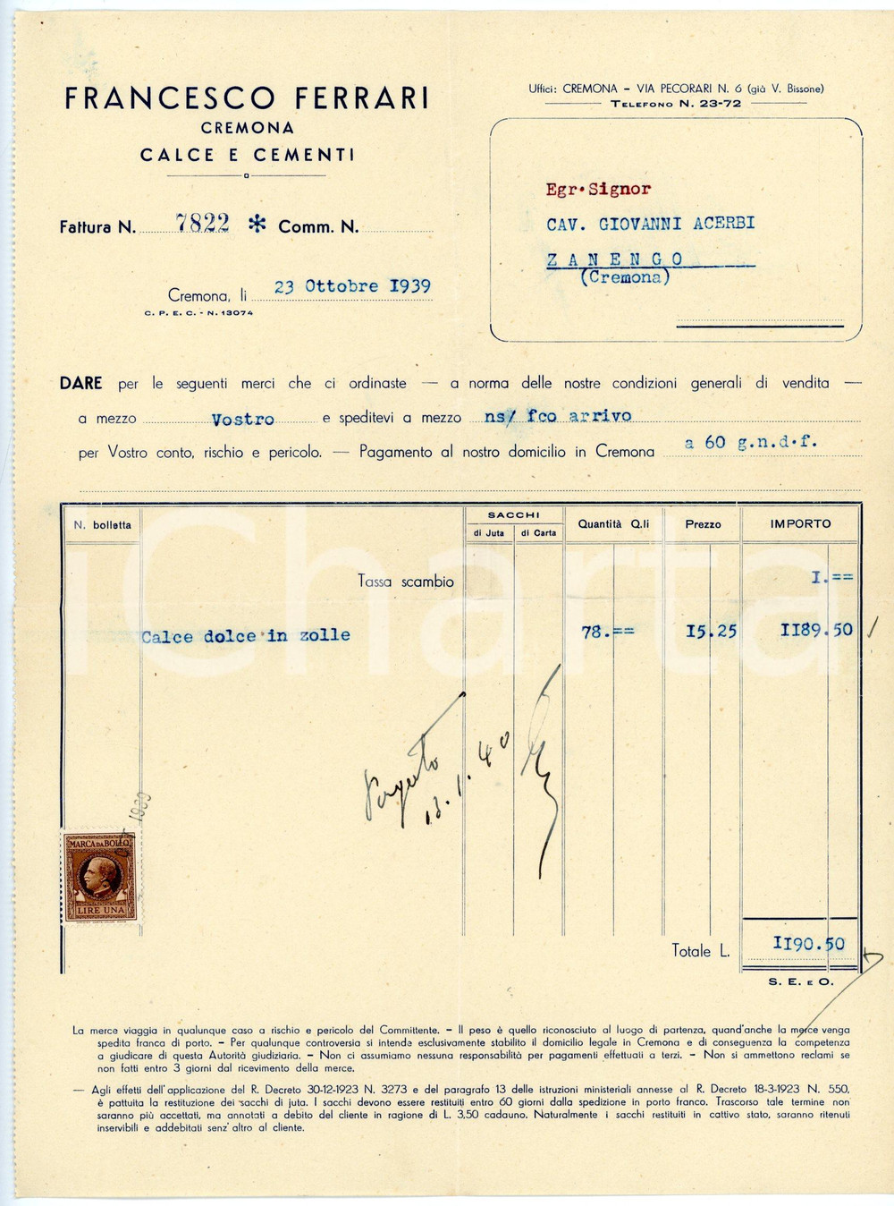 Documento originale, autentico 1939 CREMONA via Pecorari 6 Francesco FERRARI Calce e cementi  Fattura 1