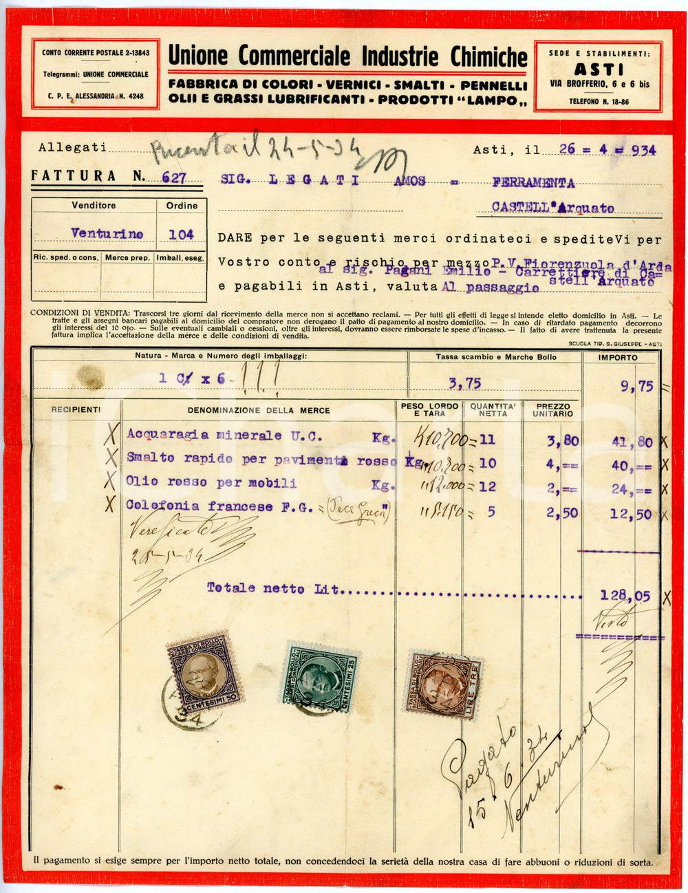 Documento originale, autentico 1934 ASTI via Brofferio 6 UNIONE COMMERCIALE INDUSTRIE CHIMICHE Fattura 2 1