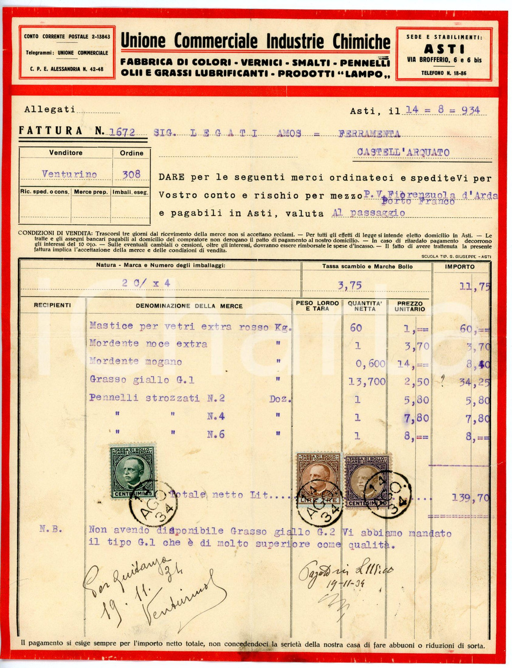 Documento originale, autentico 1934 ASTI via Brofferio 6 UNIONE COMMERCIALE INDUSTRIE CHIMICHE Fattura 3 1