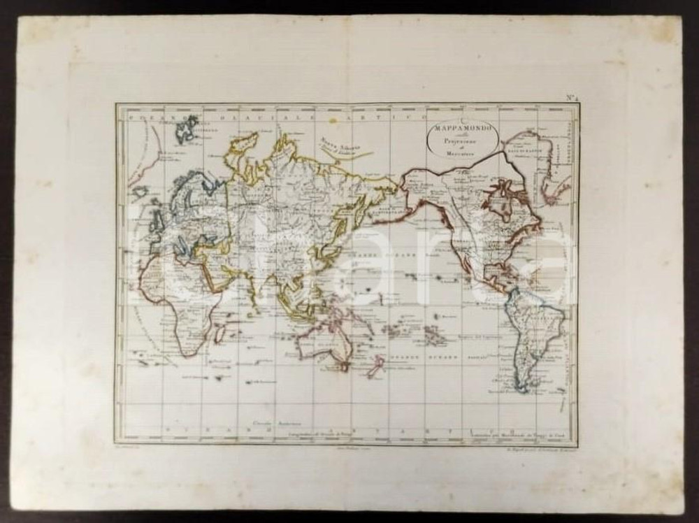 Opera d’arte autentica 1810 MAPPAMONDO DI MERCATORE Incisione Gennaro BARTOLI Gabinetto letterario 1