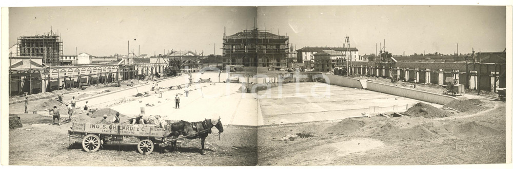 Fotografia d epoca originale 1929 MILANO Città Studi  Costruzione nuova Piscina ROMANO Foto doppia 35x12 1