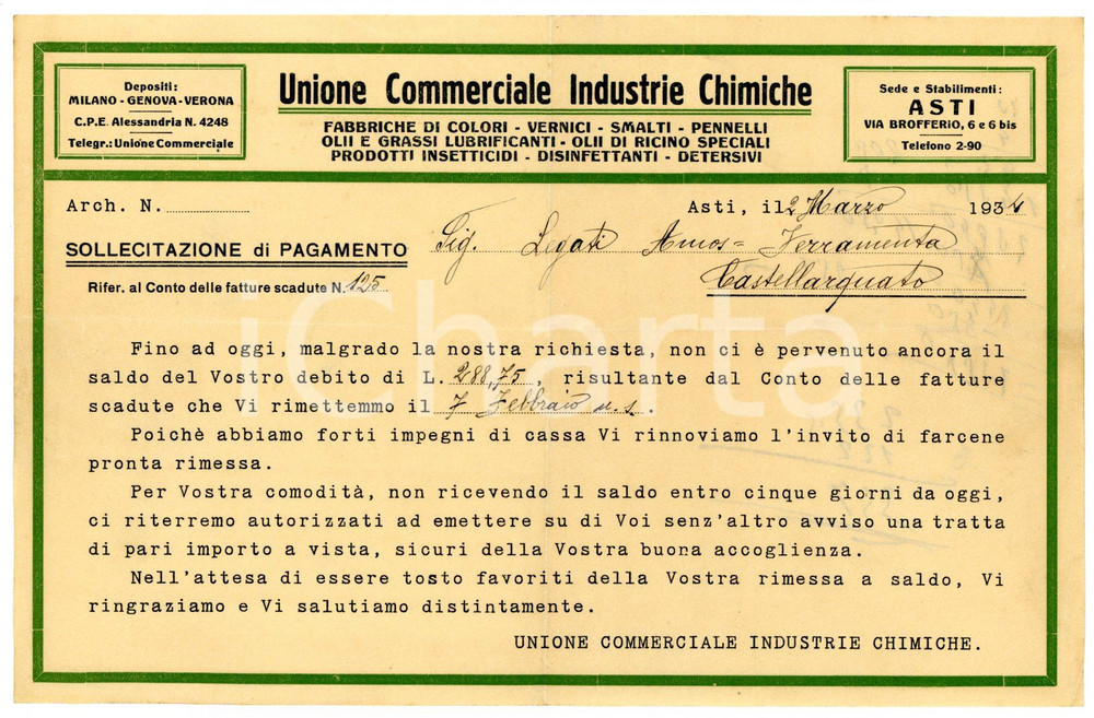 Documento originale, autentico 1934 ASTI Unione Commerciale Industrie Chimiche  Sollecitazione pagamento 1