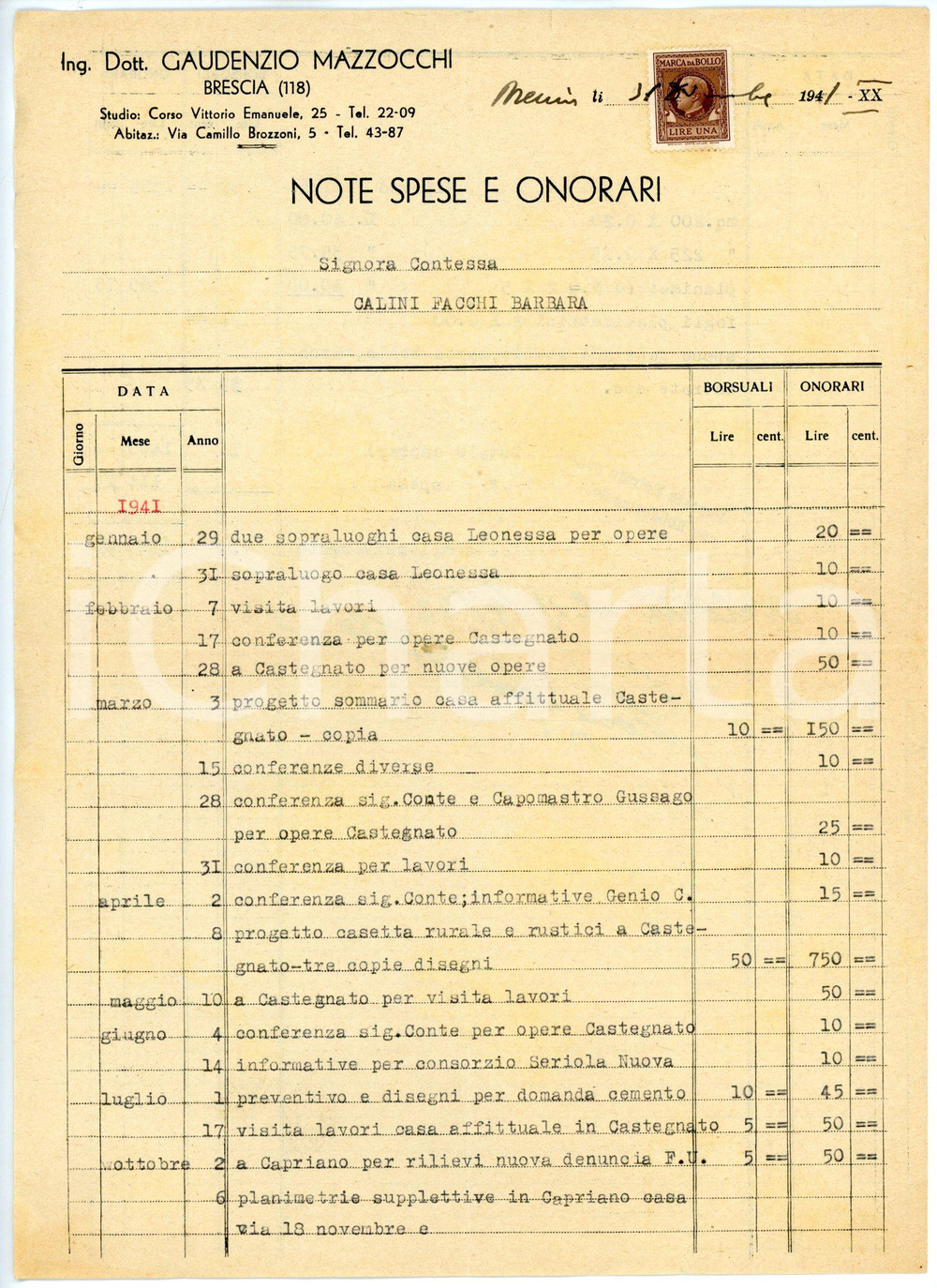 Documento originale, autentico 1941 BRESCIA Corso Vittorio Emanuele 25 Ing. Gaudenzio MAZZOCCHI Nota onorari 1