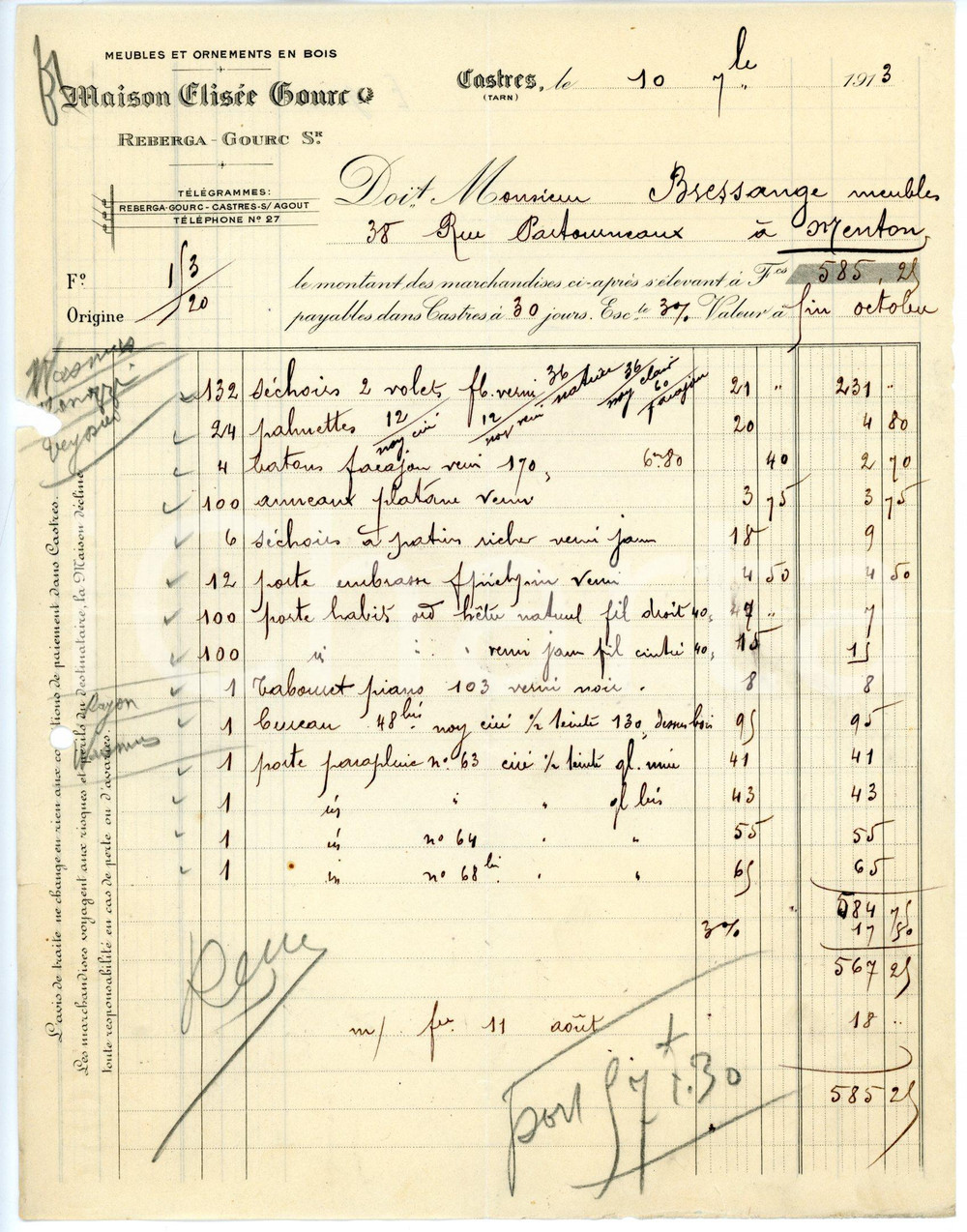 Documento originale, autentico 1913 CASTRES F MAISON Elisée GOURR Meubles et ornements en bois  Facture 1