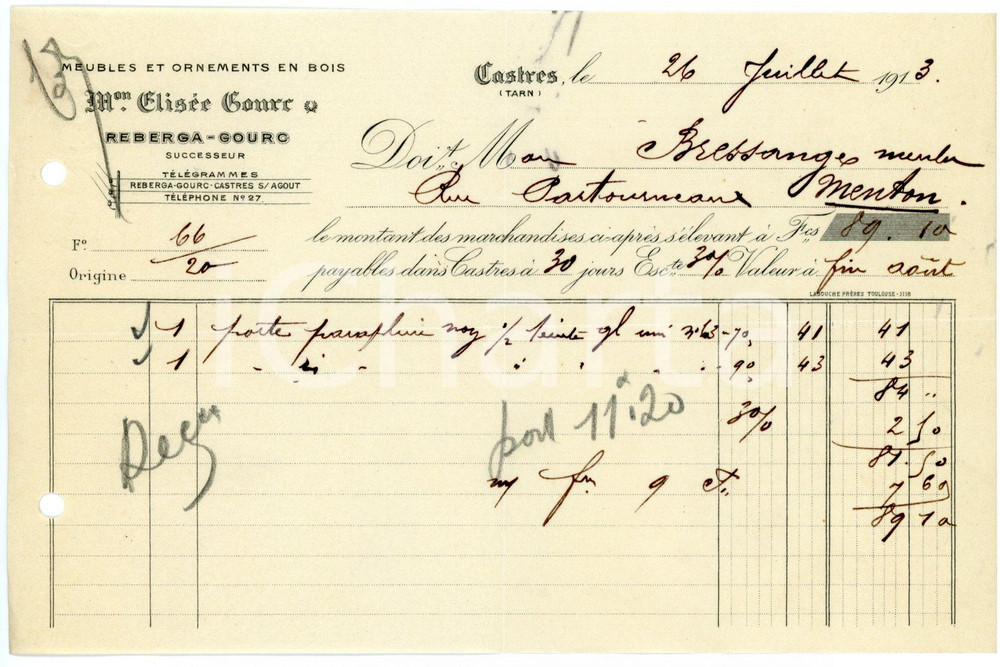 Documento originale, autentico 1913 CASTRES F MAISON Elisée GOURR Meubles et ornements en bois Facture 3 1
