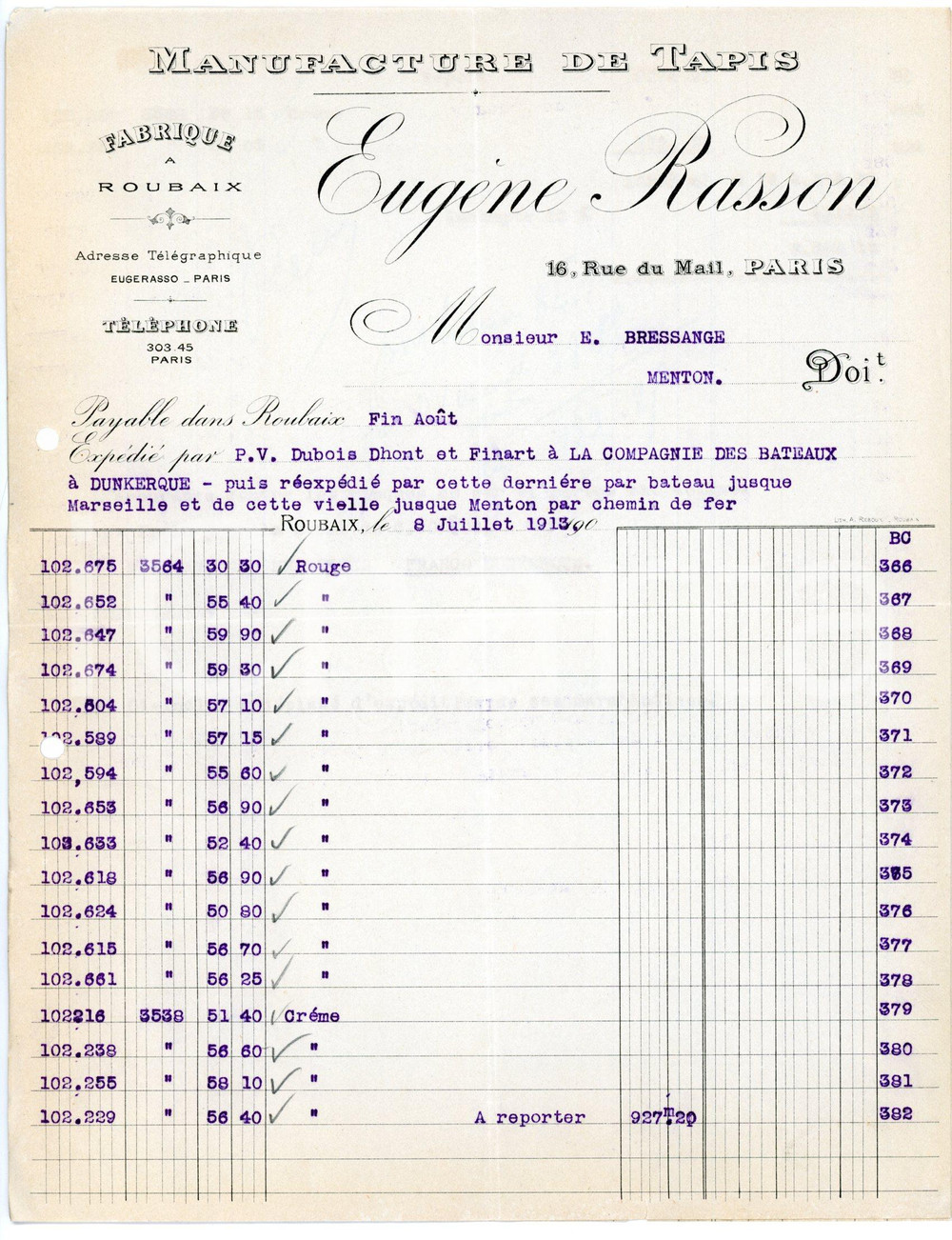 Documento originale, autentico 1915 PARIS Rue du Mail 16 Eugéne RASSON Manifacture de tapis Facture 1