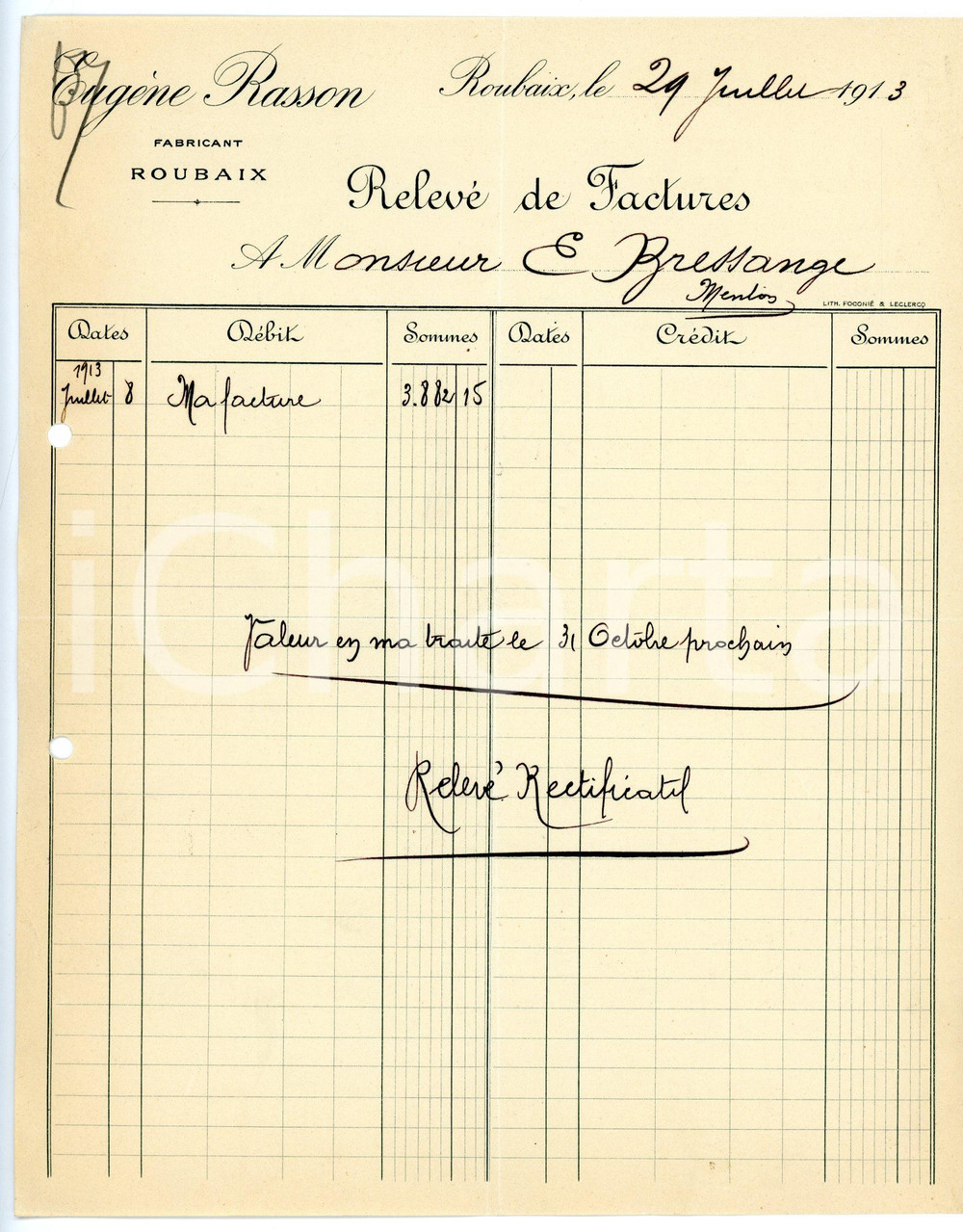 Documento originale, autentico 1915 ROUBAIX 16 Eugéne RASSON Manifacture de tapis Relevé de Factures 1