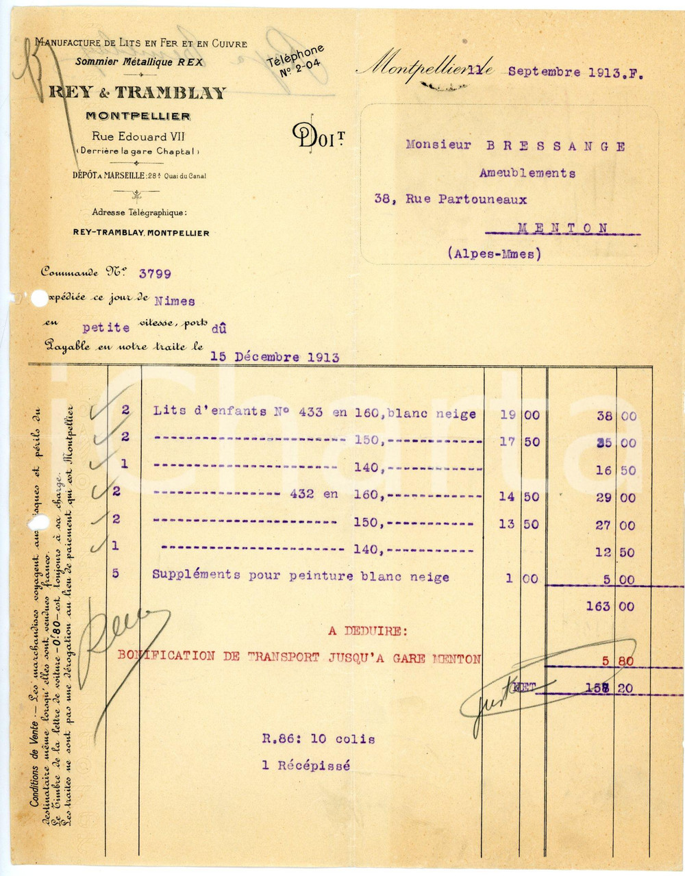 Documento originale, autentico 1913 MONTPELLIER Rue Eduard VII REY & TRAMBLAY Manufacture de lits en fer 1