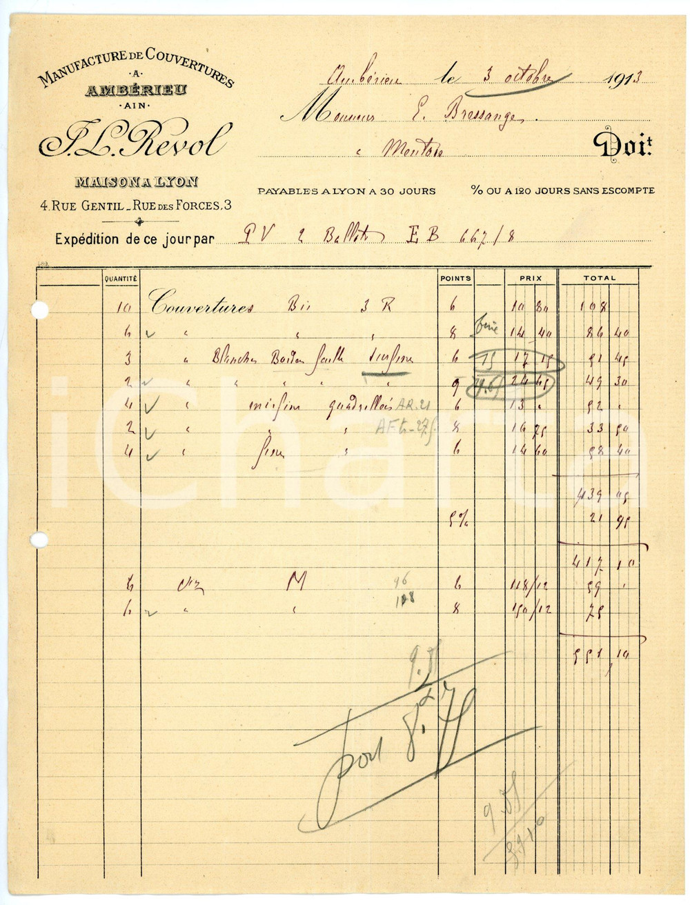 Documento originale, autentico 1913 AMBÈRIEU Rue Gentil 4  T. L. REVOL Manifacture de couverture Facture 1
