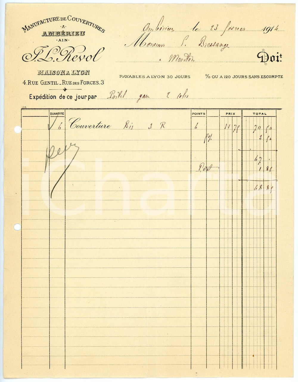 Documento originale, autentico 1913 AMBÈRIEU Rue Gentil 4  T. L. REVOL Manifacture de couverture Facture 4 1