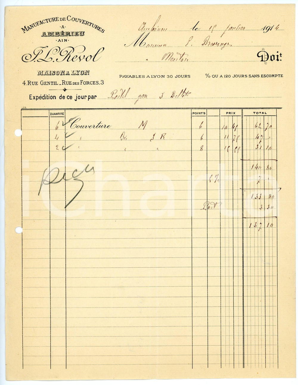 Documento originale, autentico 1913 AMBÈRIEU Rue Gentil 4  T. L. REVOL Manifacture de couverture Facture 3 1