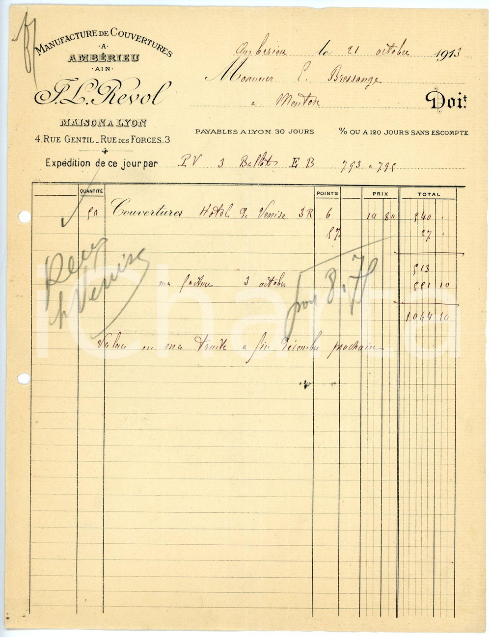 Documento originale, autentico 1913 AMBÈRIEU Rue Gentil 4  T. L. REVOL Manifacture de couverture Facture 2 1