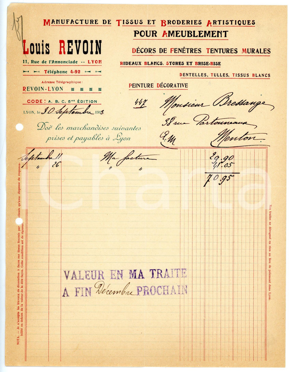Documento originale, autentico 1913 LYON Rue de l Annonciade  Louis REVOIN Manifacture de tissus  Facture 2 1