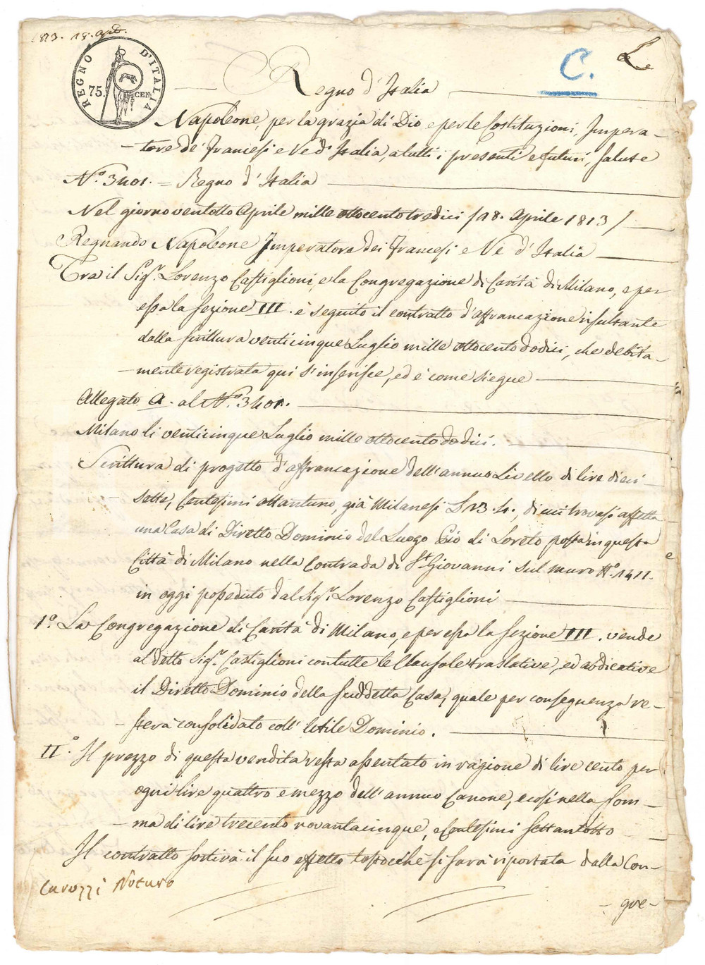Documento originale, autentico 1813 MILANO Via S. Giovanni sul Muro  Contratto affrancazione canone su casa 1