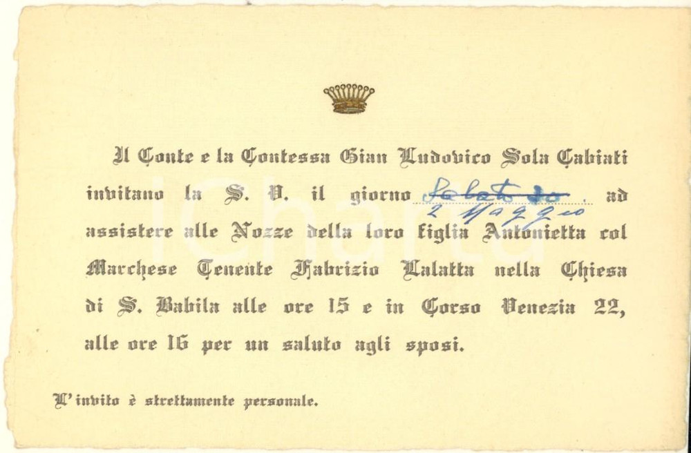 Oggetto da collezione cartaceo 1932 MILANO SAN BABILA Nozze Antonietta SOLA CABIATI  Fabrizio LALATTA Invito 1