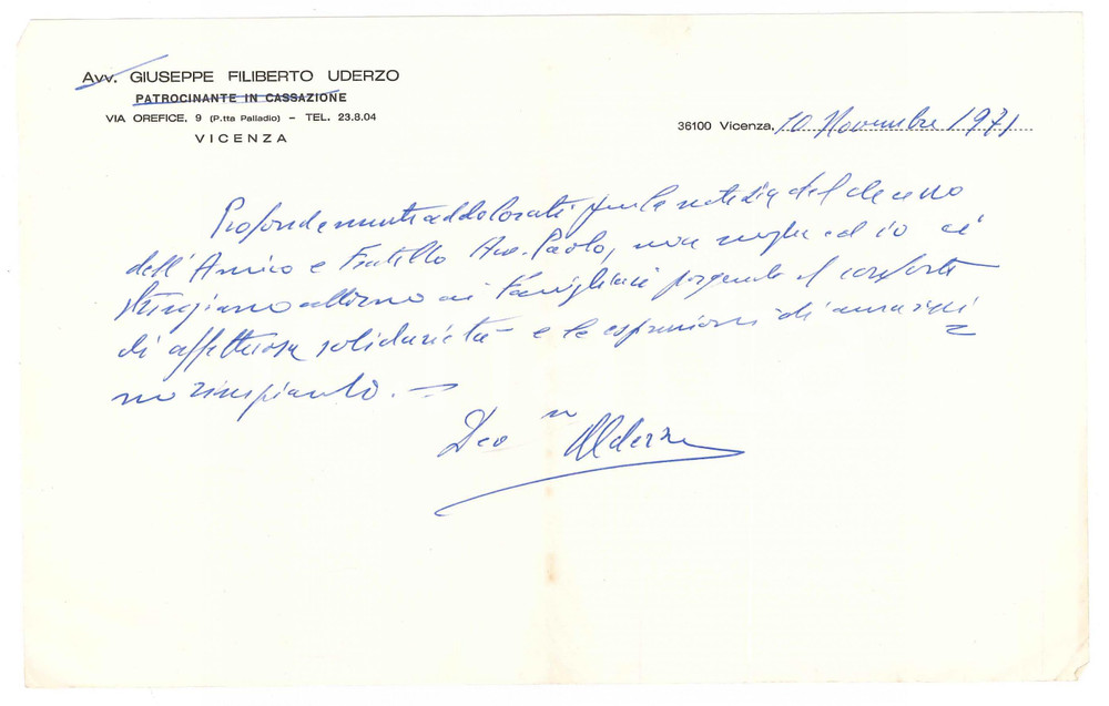 Autografo originale 1971 VICENZA Lettera avv. Giuseppe Filiberto UDERZO  Autografo 1