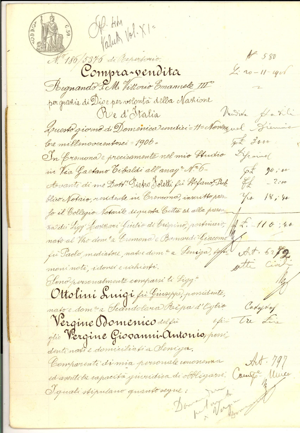 Documento originale, autentico 1900 BINANUOVA CR Luigi OTTOLINI vende campo RODESINO ai fratelli VERGINE 1