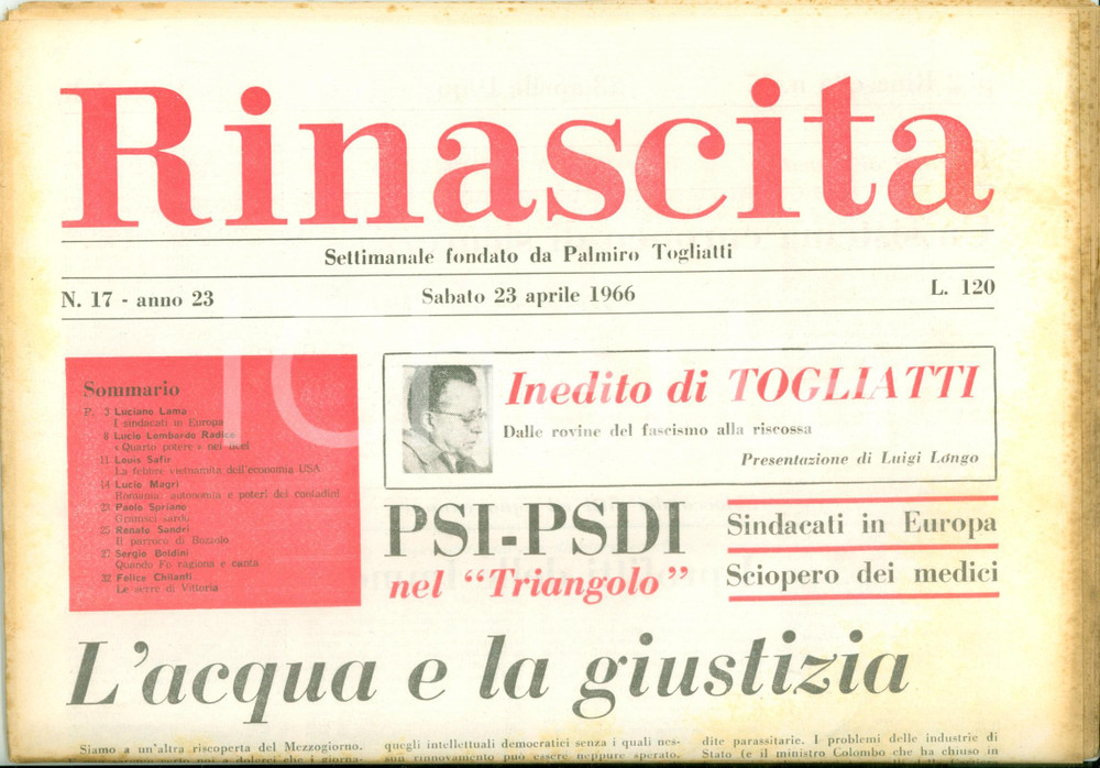 Giornale, rivista storica 1966 RINASCITA Gian Carlo PAJETTA Al Sud non c è acqua né giustizia Giornale 1