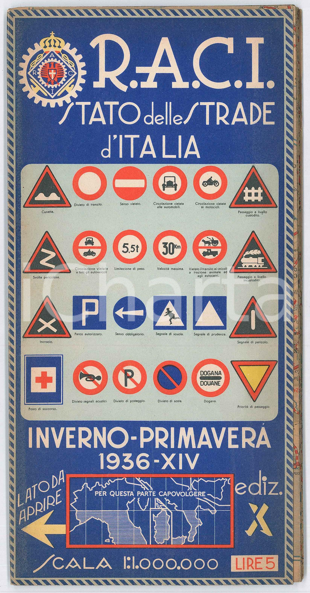 Materiale pubblicitario d’epoca InvernoPrimavera 1936 RACI Carta automobilistica d Italia ESSO SHELL 1