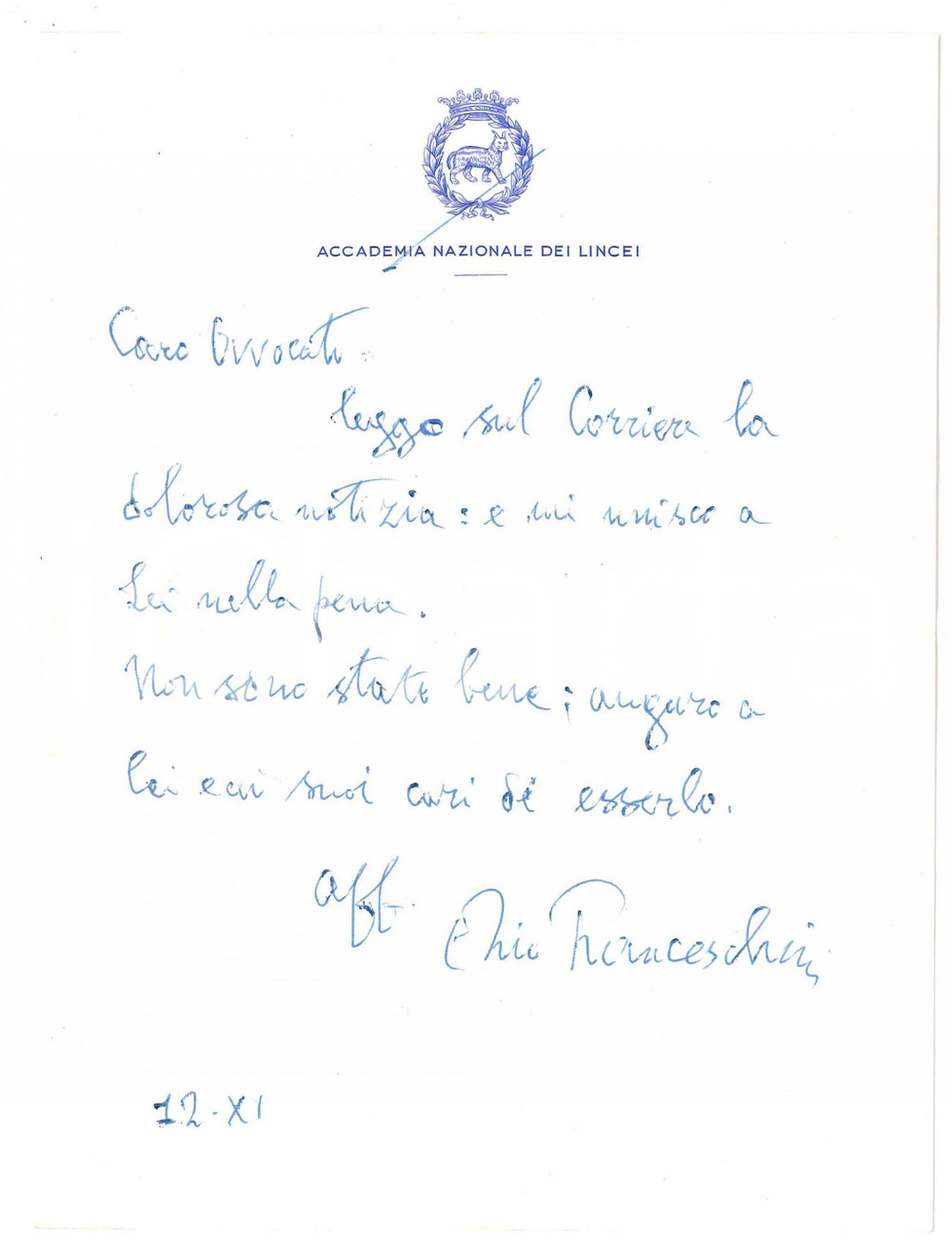 Autografo originale 1971 ACCADEMIA DEI LINCEI  Lettera Elio FRANCESCHINI  Autografo 1