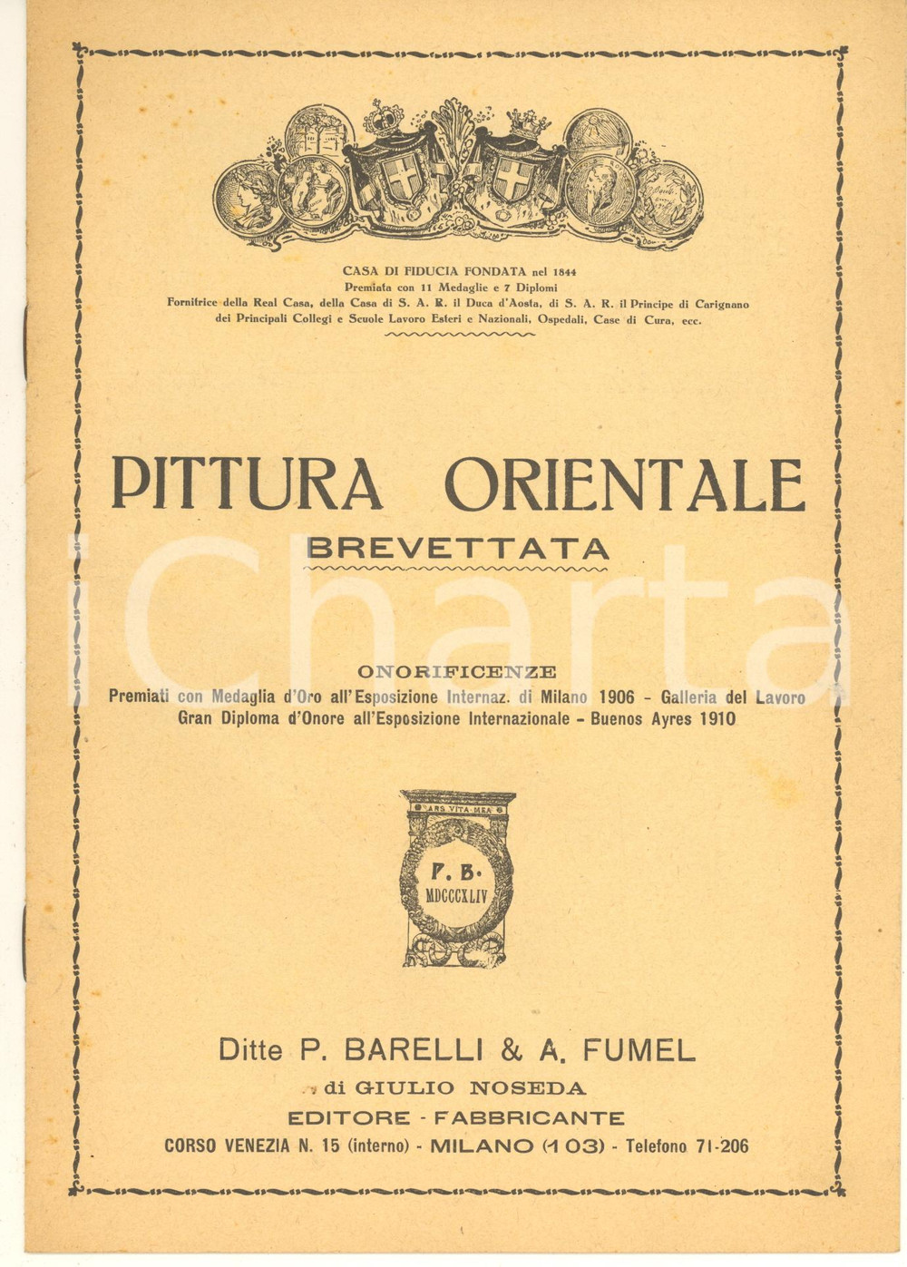 Materiale pubblicitario d’epoca 1910 ca MILANO Ditta G. NOSEDA  Pittura Orientale brevettata  Catalogo 10 pp. 1