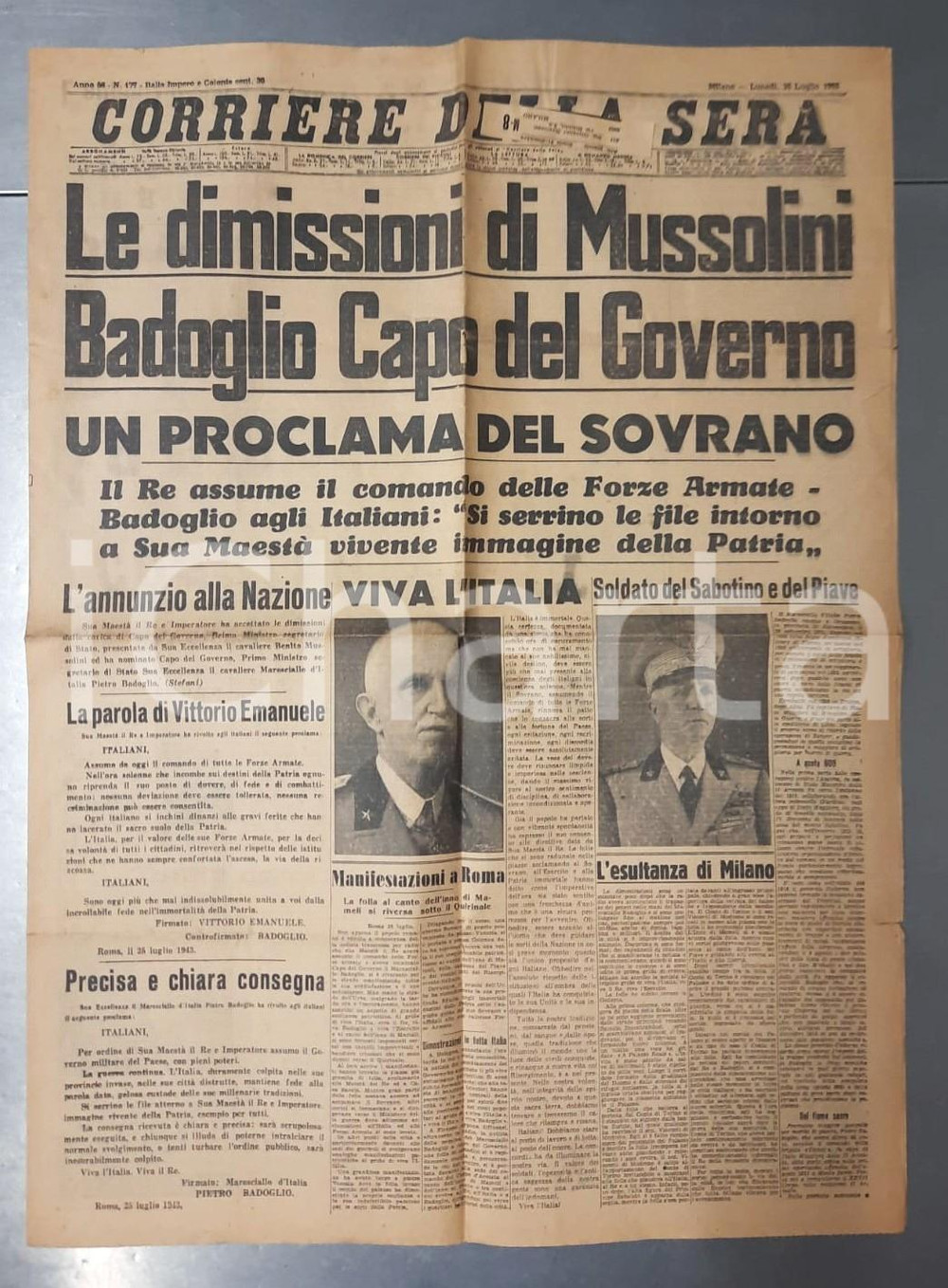 Giornale, rivista storica 1943 WW2 CORRIERE DELLA SERA Dimissioni Mussolini  Governo Badoglio Giornale 1