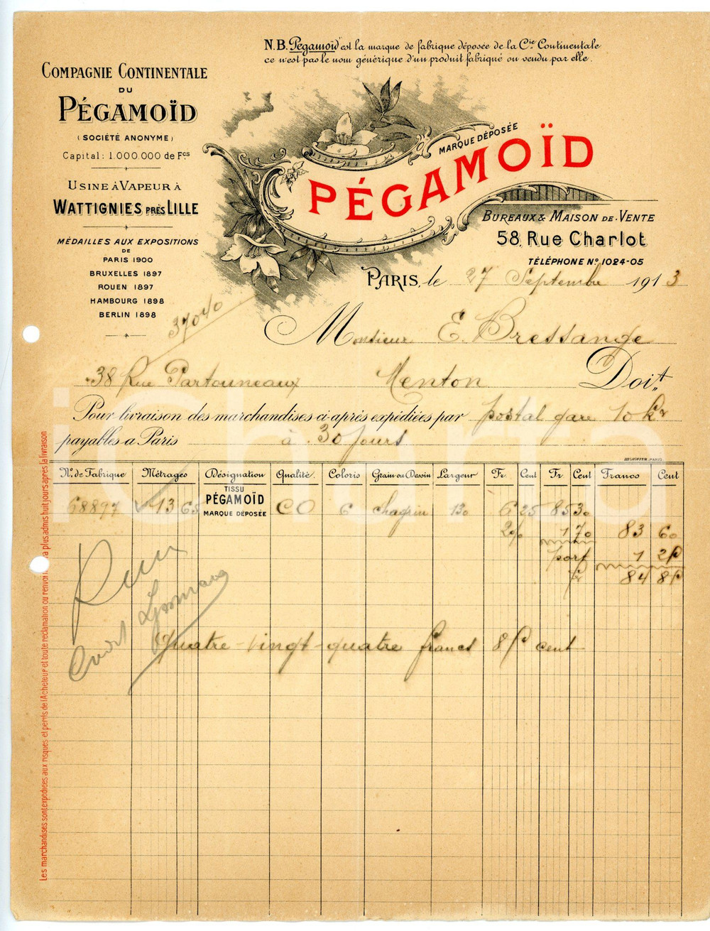 Documento originale, autentico 1913 PARIS Rue Charlot 58 Compagnie Continentale du PÈGAMOÏD Facture 2 1