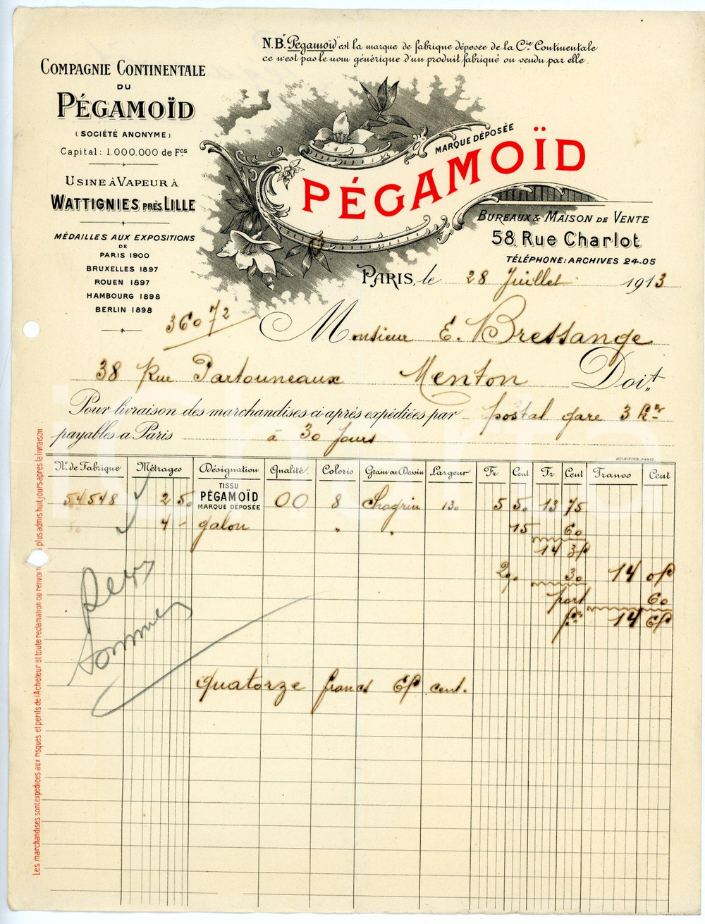 Documento originale, autentico 1913 PARIS Rue Charlot 58 Compagnie Continentale du PÈGAMOÏD Facture 1
