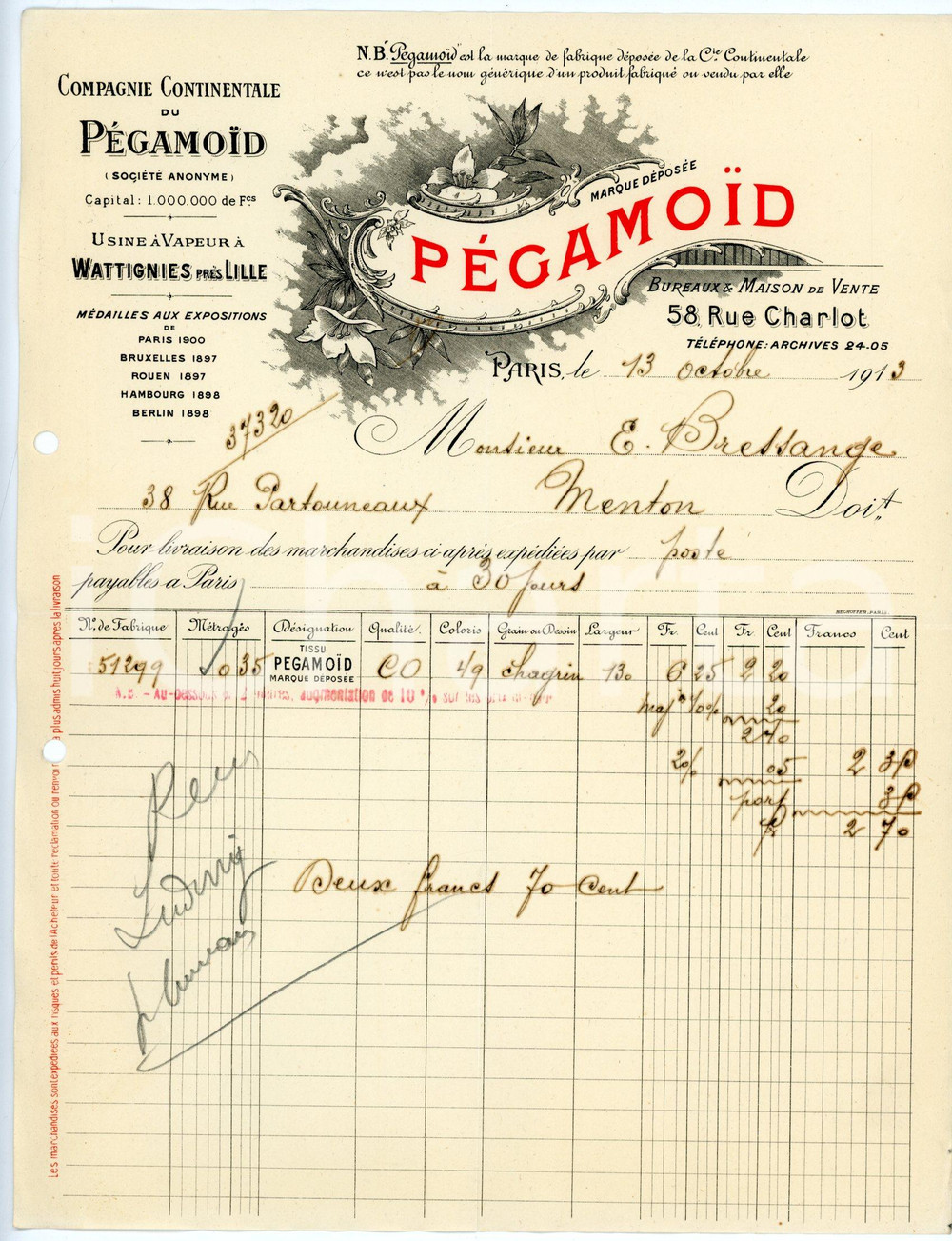 Documento originale, autentico 1913 PARIS Rue Charlot 58 Compagnie Continentale du PÈGAMOÏD Facture 3 1