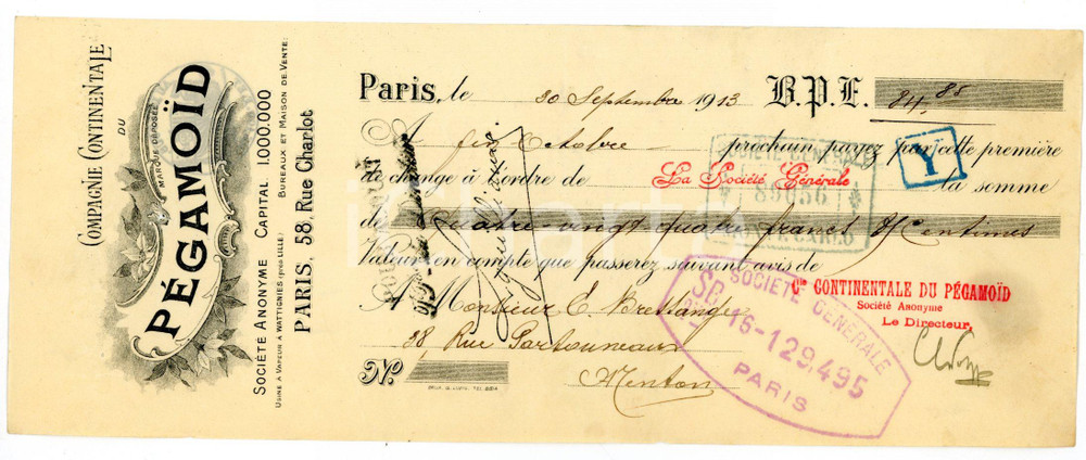 Documento originale, autentico 1913 PARIS Rue Charlot 58 Compagnie Continentale du PÈGAMOÏD Facture et avis 1