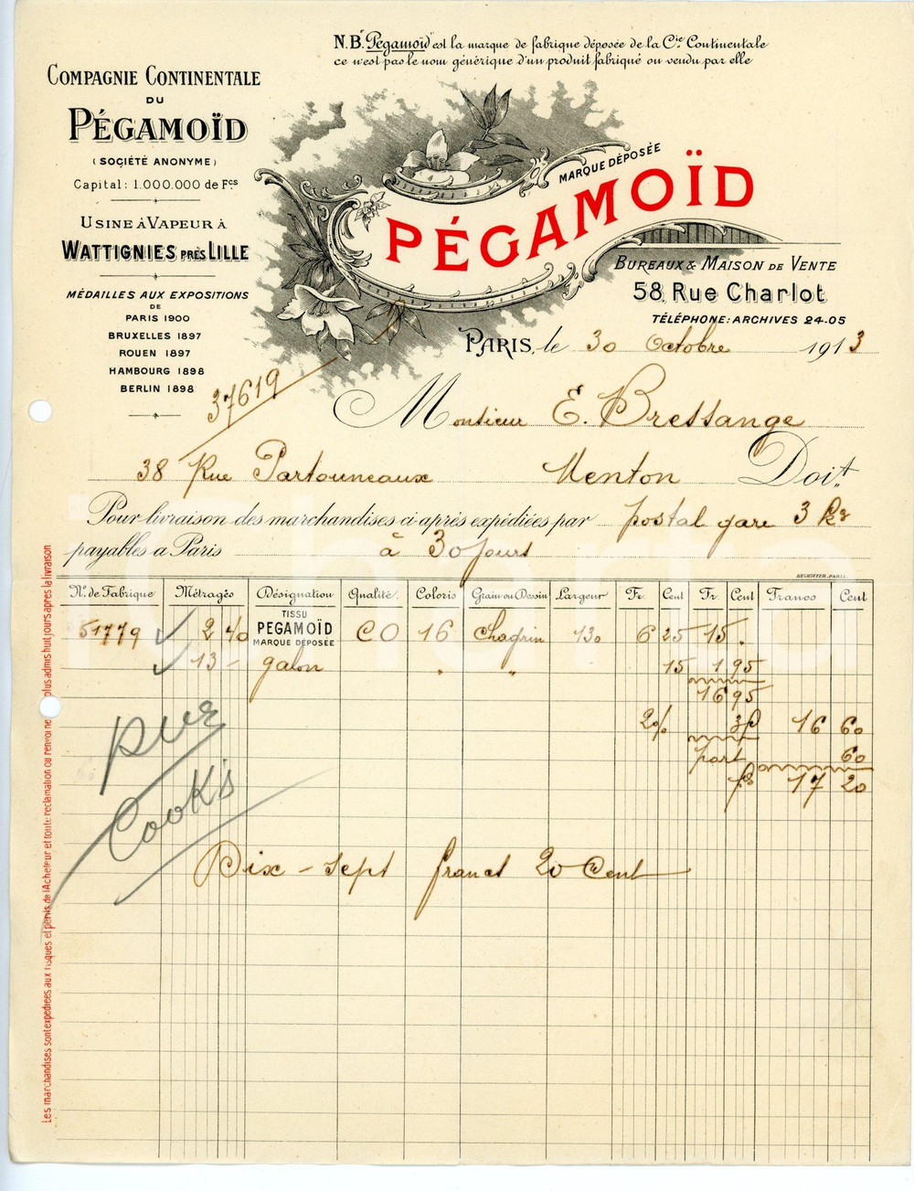 Documento originale, autentico 1913 PARIS Rue Charlot 58 Compagnie Continentale du PÈGAMOÏD Facture 4 1