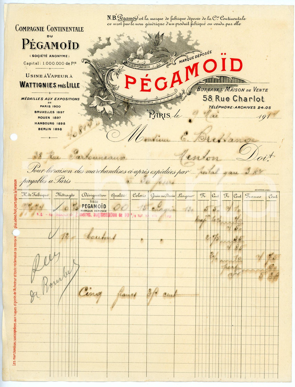 Documento originale, autentico 1913 PARIS Rue Charlot 58 Compagnie Continentale du PÈGAMOÏD Facture 5 1