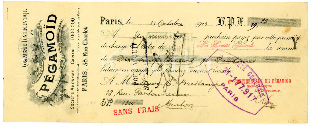 Documento originale, autentico 1913 PARIS Rue Charlot 58 Compagnie Continentale du PÈGAMOÏD Facture et avis 2 1