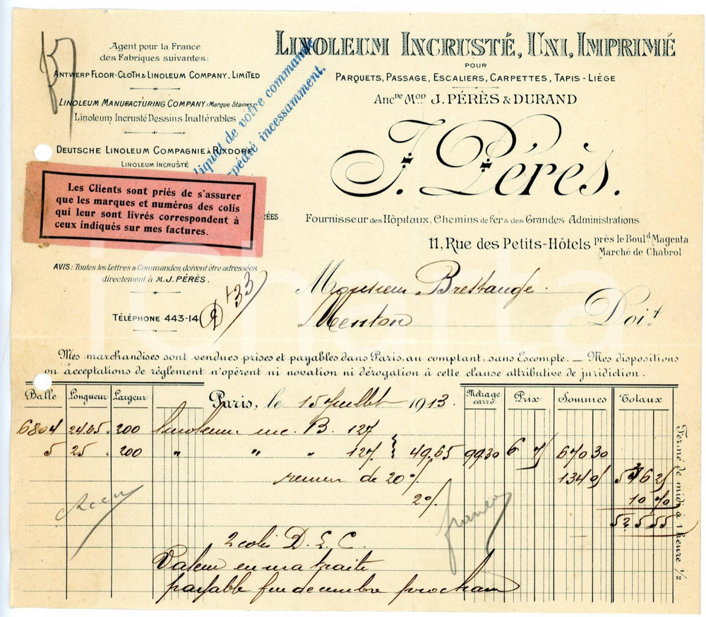 Documento originale, autentico 1913 PARIS rue des Petits Hotels J. PÉRÈS Linoleum Incresté uni imprimé Facture 1