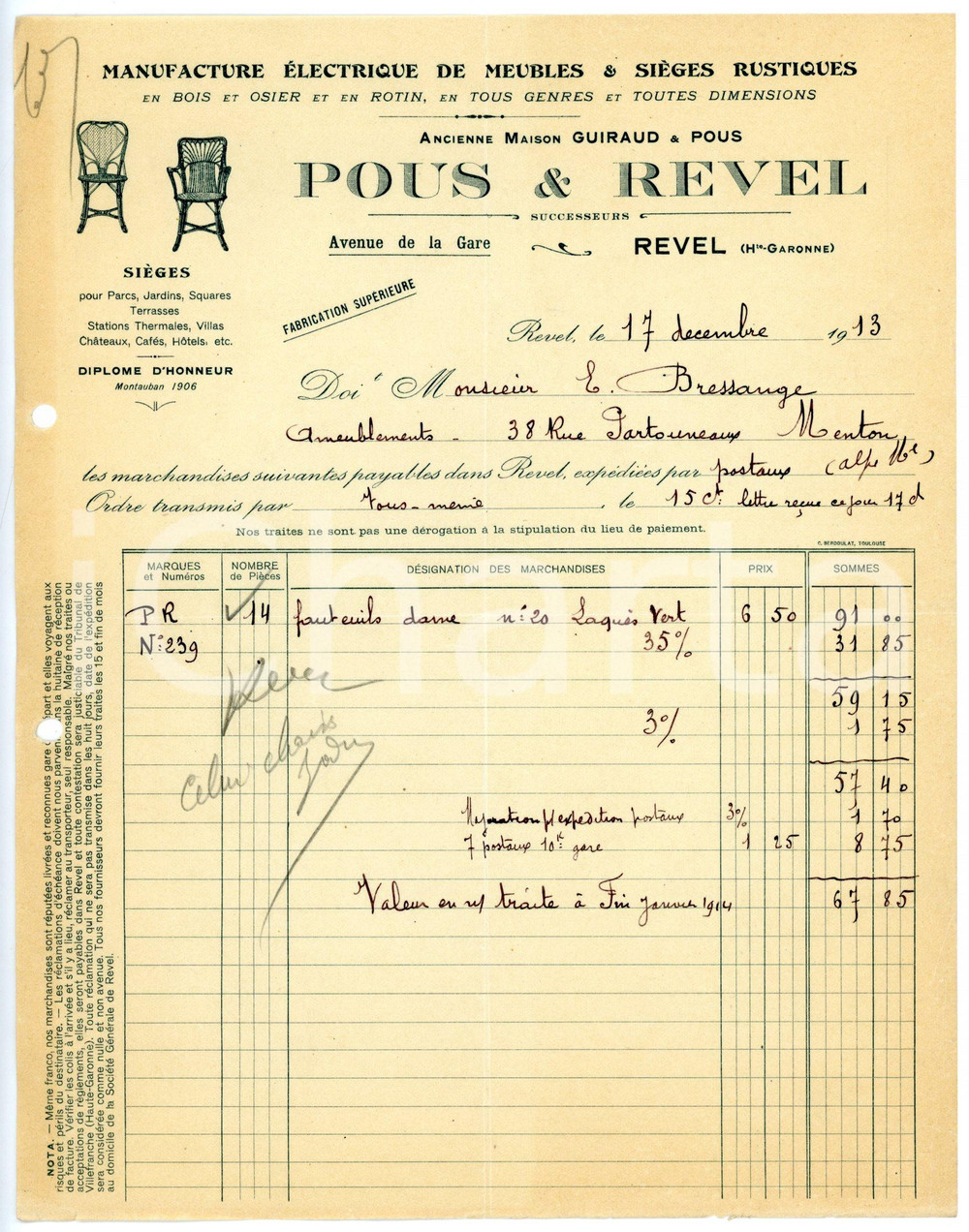 Documento originale, autentico 1913 REVEL  POUS E REVEL Manufacture de meubles & sièges  Facture 1