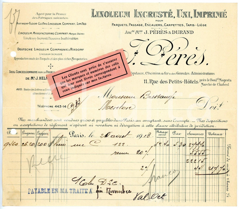 Documento originale, autentico 1913 PARIS rue des Petits Hotels J.PÉRÈS Linoleum Incresté uni imprimé Facture 3 1