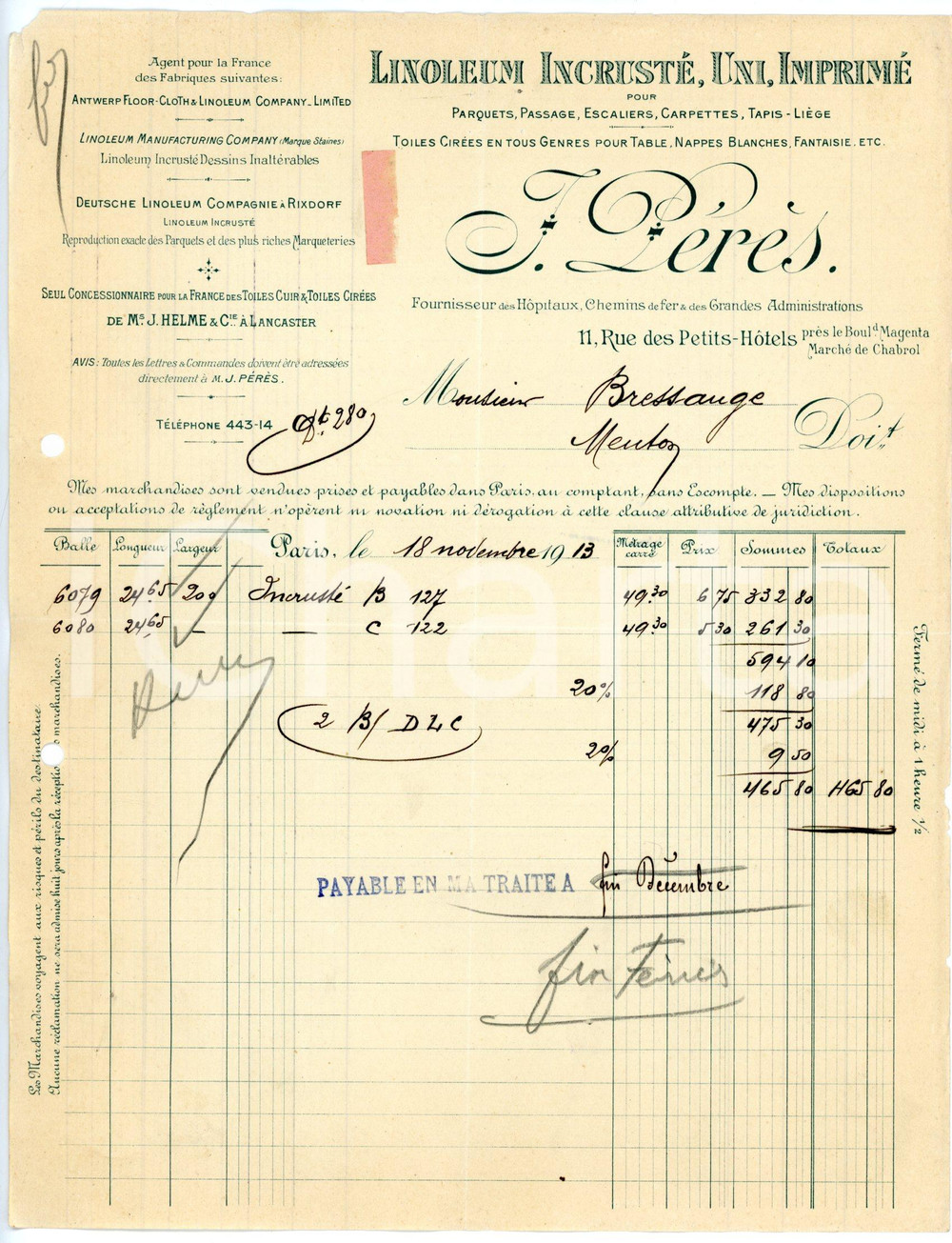 Documento originale, autentico 1913 PARIS rue des Petits Hotels J.PÉRÈS Linoleum Incresté uni imprimé Facture 2 1