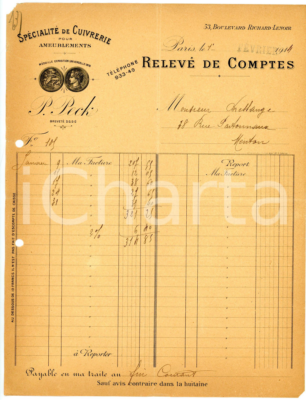 Documento originale, autentico 1913 PARIS Boulevard Richard Lenoir P. PECK Relevé de comptes et traite 2 1