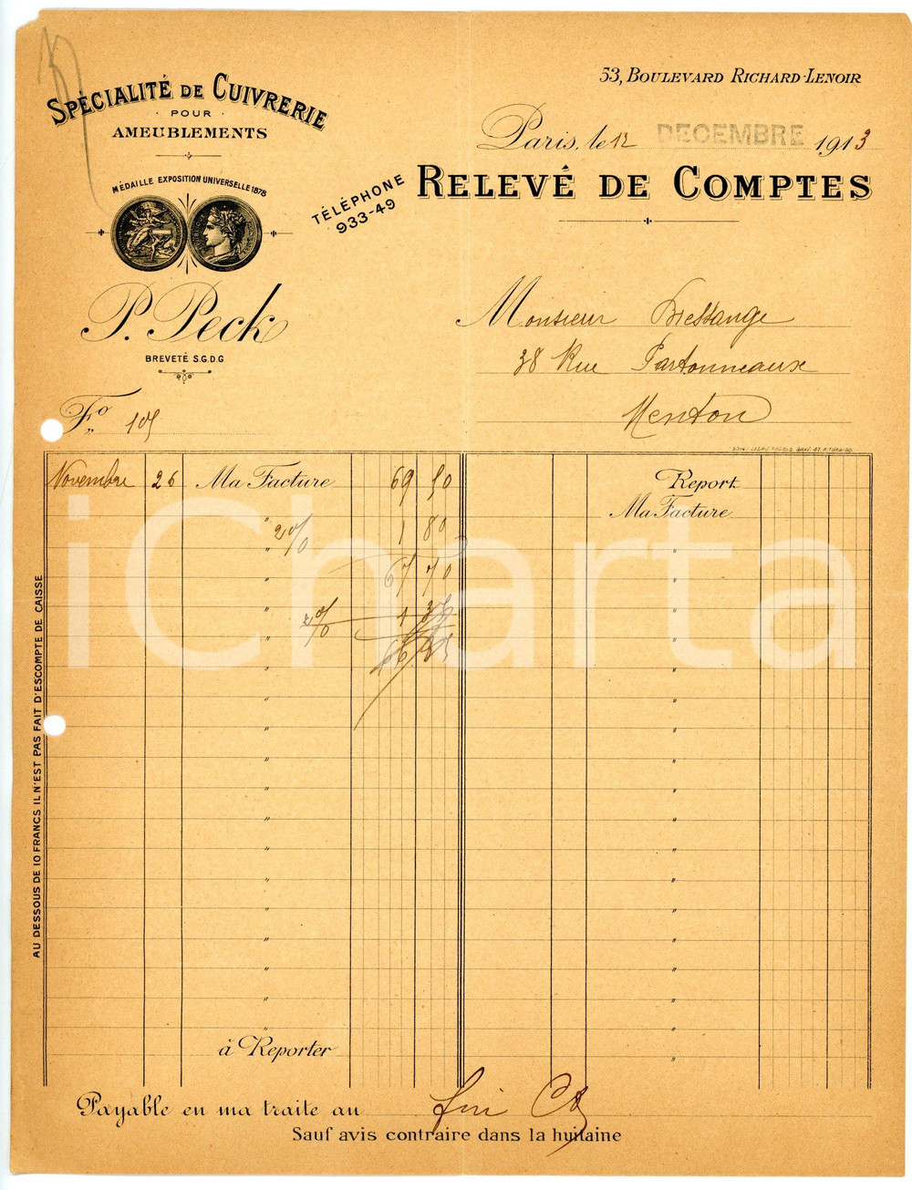 Documento originale, autentico 1913 PARIS Boulevard Richard Lenoir P. PECK Relevé de comptes 1