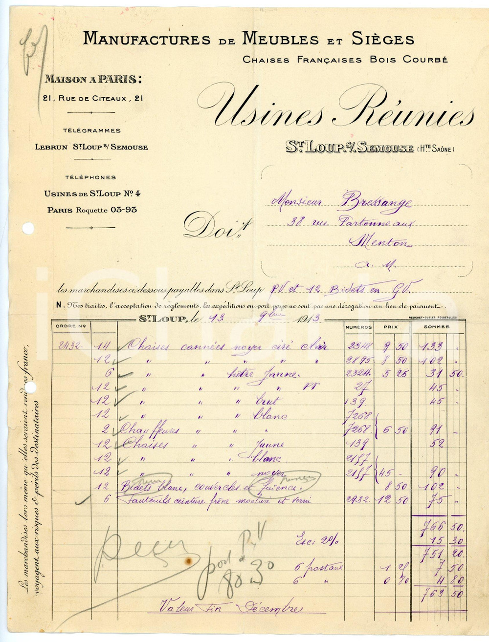 Documento originale, autentico 1913 SAINTLOUPSOURSEMOUSE Manufactures de meubles et sièges USINES RÉUNIES 1