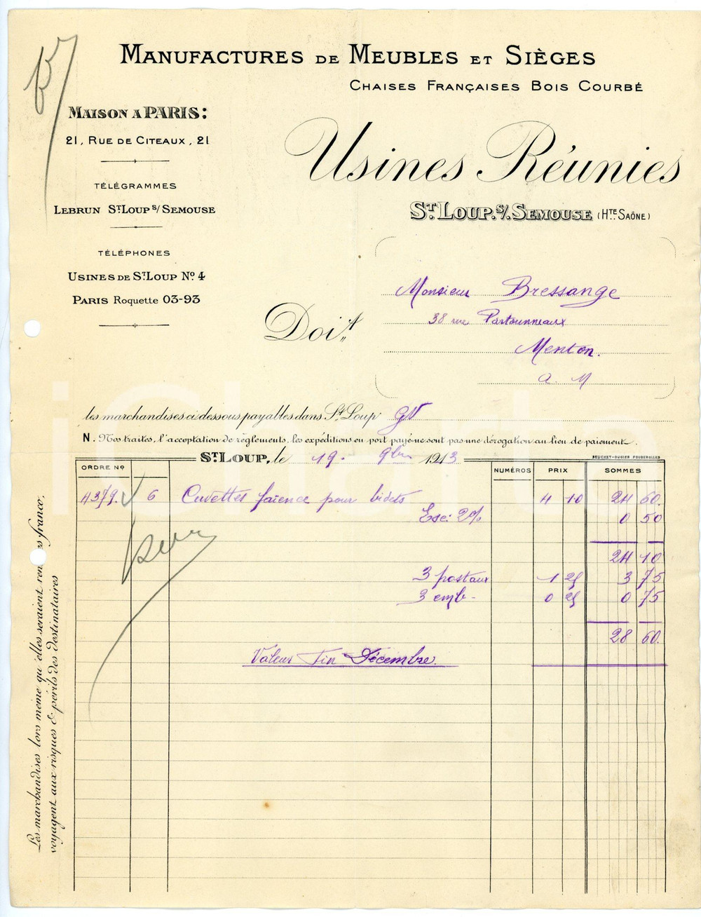 Documento originale, autentico 1913 SAINTLOUPSOURSEMOUSE Manufactures de meubles et sièges USINES RÉUNIES 2 1