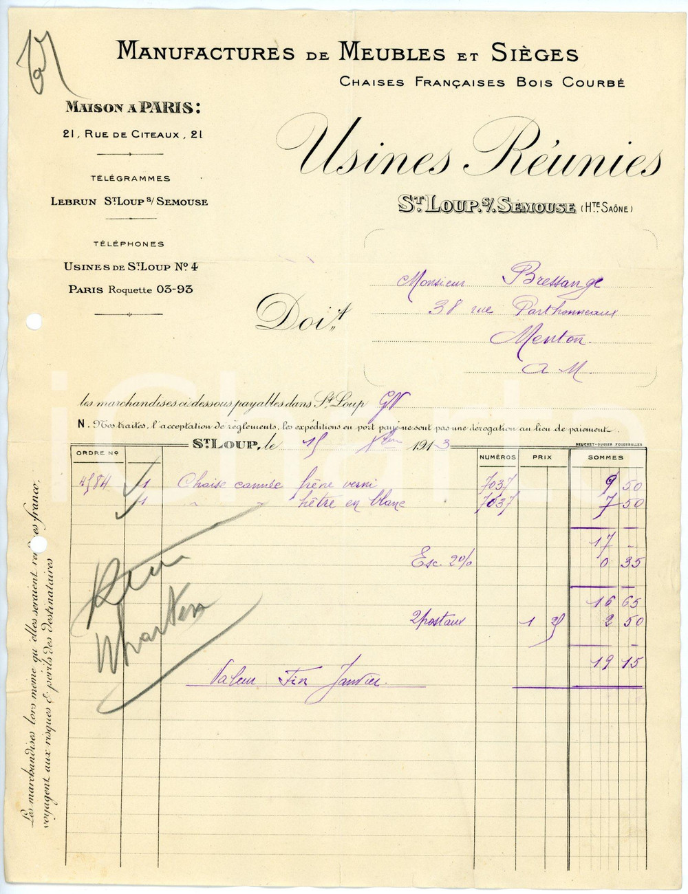 Documento originale, autentico 1913 SAINTLOUPSOURSEMOUSE Manufactures de meubles et sièges USINES RÉUNIES 4 1