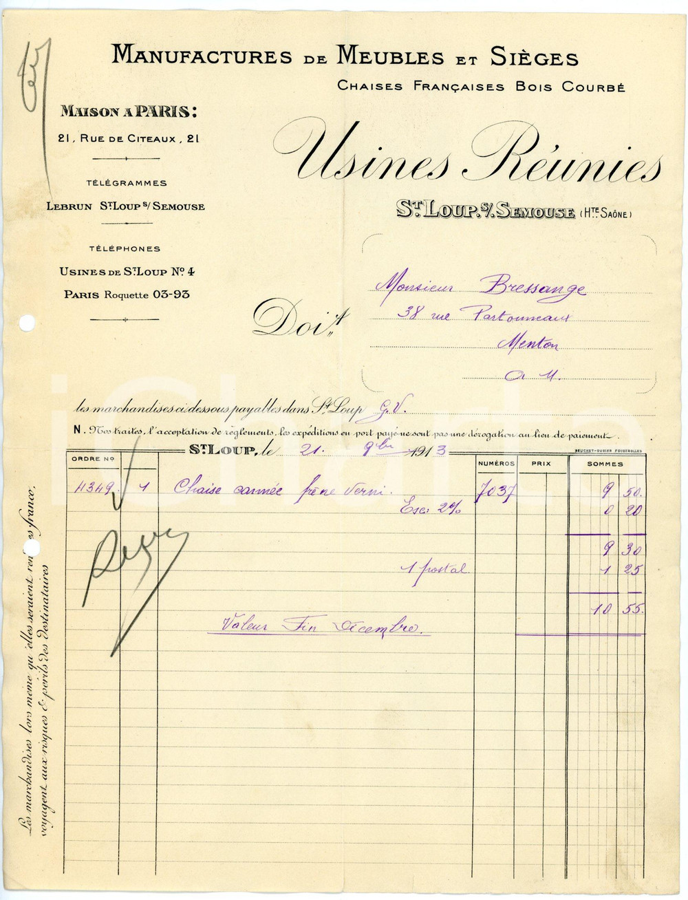 Documento originale, autentico 1913 SAINTLOUPSOURSEMOUSE Manufactures de meubles et sièges USINES RÉUNIES 3 1