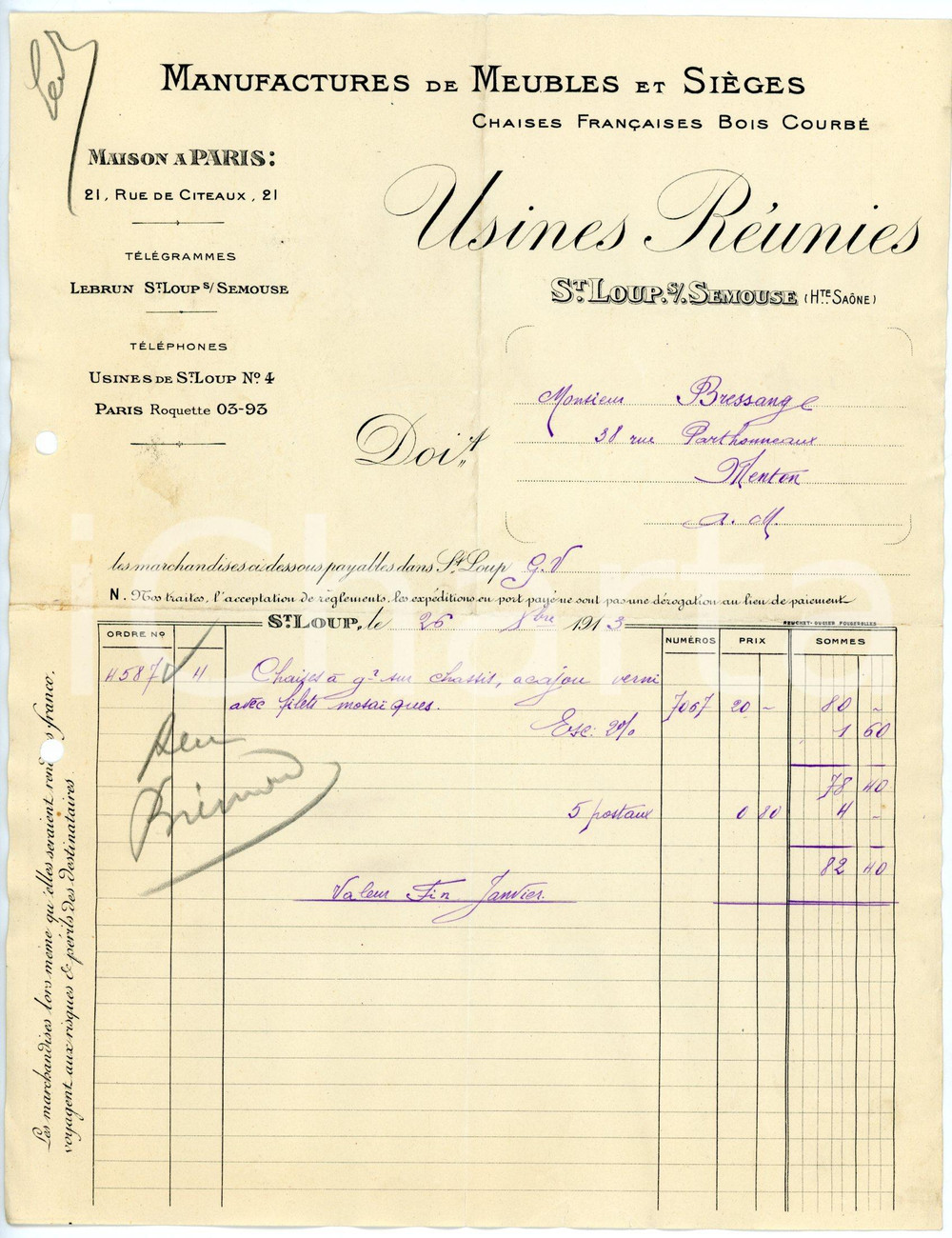 Documento originale, autentico 1913 SAINTLOUPSOURSEMOUSE Manufactures de meubles et sièges USINES RÉUNIES 5 1