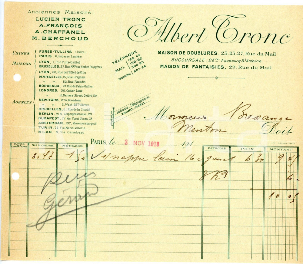 Documento originale, autentico 1913 PARIS Rue du Mail  Albert TRONC Maison de doublures et fantaisies 3 1
